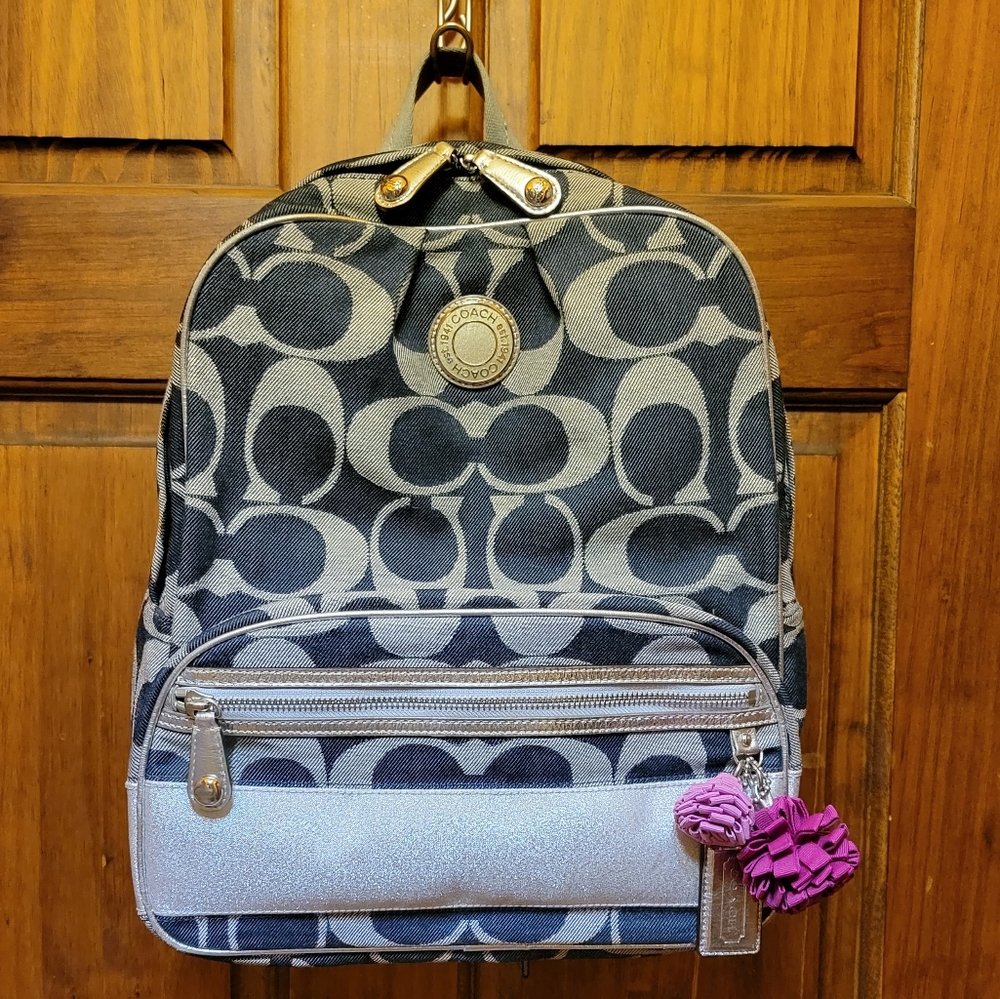 Coach Signature Stripe Poppy Backpack F19691 Denim Blue & Metallic Silver